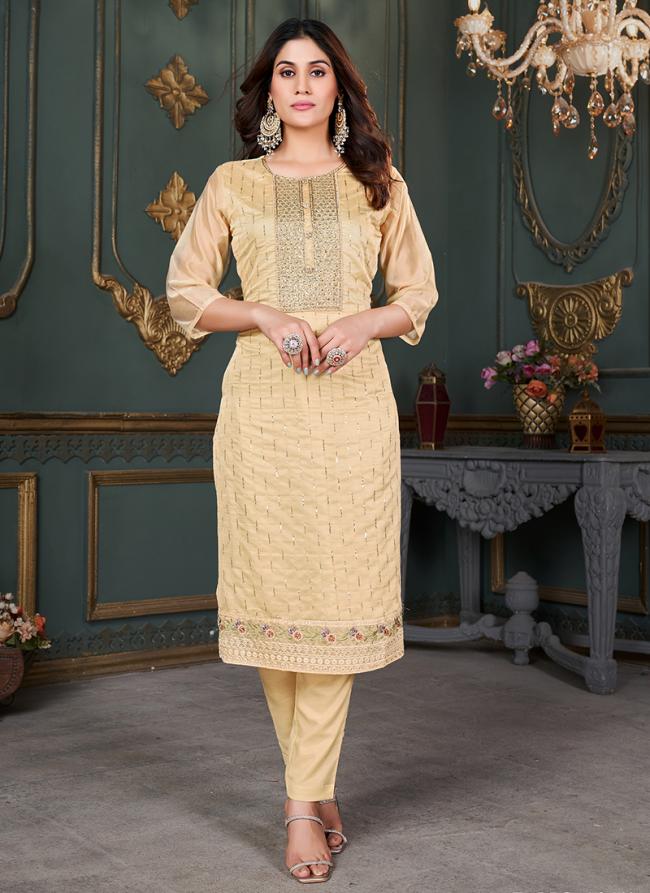 Pure Organza Cream Festival Wear Embroidery Work Straight Suit